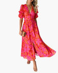 Maxi Dress Women V-Neck Puff Sleeves Elegant Design Summer Casual 0