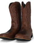 Men's brown cowboy boots with decorative western stitching and classic pointed toe