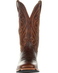 Men's brown cowboy boots with decorative western stitching and classic pointed toe