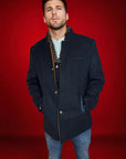 men's royal blue wool blend slim fit coat with detachable collar