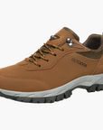 Men's waterproof hiking shoes in grey with cushioned sole and trail grip