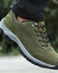 Men's waterproof hiking shoes in grey with cushioned sole and trail grip