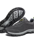 Men's waterproof hiking shoes in grey with cushioned sole and trail grip