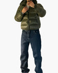 men's black quilted puffer jacket with high collar urban style