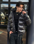 men's quilted puffer jacket with high collar in urban street style