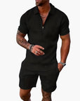 Men's Summer Two-Piece Set Short Sleeve V-Neck Zipper Lightweight Casual Wear 2