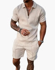 Men's Summer Two-Piece Set Short Sleeve V-Neck Zipper Lightweight Casual Wear 6