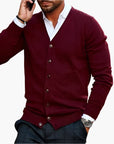 Men's V-neck knit cardigan in dark red, button-through front, winter knitwear