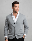 Men's V-neck knit cardigan in dark red, button-through front, winter knitwear