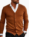 Men's V-neck knit cardigan in dark red, button-through front, winter knitwear