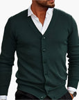 Men's V-neck knit cardigan in dark red, button-through front, winter knitwear