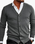 Men's V-neck knit cardigan in dark red, button-through front, winter knitwear