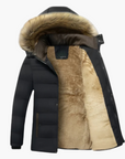 men's black winter parka with faux fur hood and quilted insulation