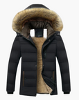 men's black winter parka with faux fur hood and quilted insulation