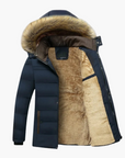 men's winter parka with faux fur trimmed hood and quilted lining