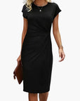 Midi Dress Women Round Neckline Short Sleeve Fitted Waist Seam Casual Wear 0