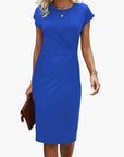 Midi Dress Women Round Neckline Short Sleeve Fitted Waist Seam Casual Wear 2