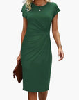 Midi Dress Women Round Neckline Short Sleeve Fitted Waist Seam Casual Wear 5
