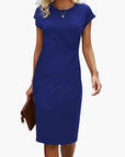 Midi Dress Women Round Neckline Short Sleeve Fitted Waist Seam Casual Wear 6