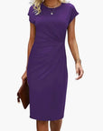 Midi Dress Women Round Neckline Short Sleeve Fitted Waist Seam Casual Wear 7