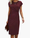 Midi Dress Women Round Neckline Short Sleeve Fitted Waist Seam Casual Wear 8