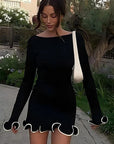 Mini Dress Long Sleeve Boat Neck Ruffle Hem Black Evening Wear 1