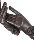 Women's red faux leather gloves with wool lining