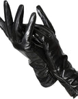 Women's red faux leather gloves with wool lining