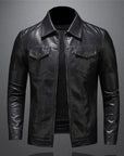 Men's black leather jacket with classic fit and zip closure