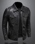 Men's black leather jacket with classic fit and zip closure