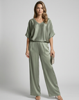 Women’s green women's satin lounge set wide leg