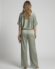 Women’s green women's satin lounge set wide leg