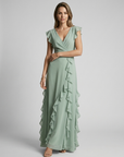 Women’s green women's ruffle maxi dress deep v-neck