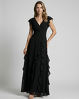 Women’s green women's ruffle maxi dress deep v-neck