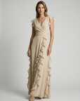 Women’s green women's ruffle maxi dress deep v-neck
