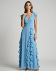 Women’s green women's ruffle maxi dress deep v-neck