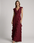 Women’s green women's ruffle maxi dress deep v-neck