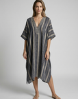 Women’s blue women's striped kaftan dress v-neck