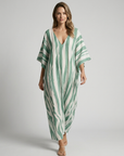 Women’s blue women's striped kaftan dress v-neck