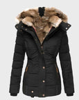 Women's black hooded puffer jacket with slim fit
