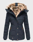 Women's black hooded puffer jacket with slim fit