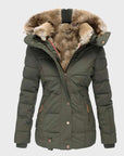Women's black hooded puffer jacket with slim fit