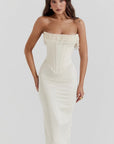 Strapless Satin Evening Dress With Pearl Embellishments 5