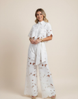 Summer Set Two-Piece Outfit Floral Embroidery Wide-Leg Pants Button-Up Top 2