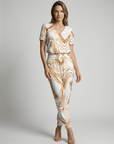 Women’s white and gold women's printed two piece set v-neck