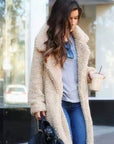 Women's apricot long teddy coat in borg fleece