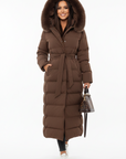 Women's long puffer coat faux fur collar belted in black
