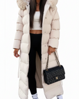 Women's long puffer coat faux fur collar belted in black