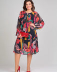 Women's A-Line Midi Dress Floral Long Sleeve 0