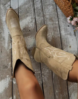 Women's knee-high cowboy boots in sand with western stitching and block heel